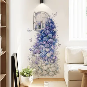Autocollant mural fleurs bleues pour salon chambre, sticker décoratif plante fenêtre salon