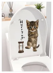 Mignon autocollant de abattant WC chat, sticker étanche chaton avec texte anglais pour déco salle de bain.