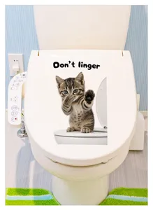 Drôle autocollant pour abattant de WC chat mignon avec texte anglais, décoration de salle de bain PVC.