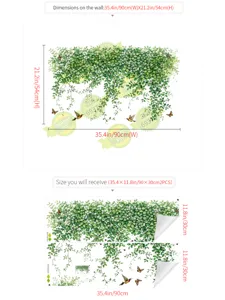 Détail d'adhésif mural plante vigne verte montrant dimensions et effet de décoration.