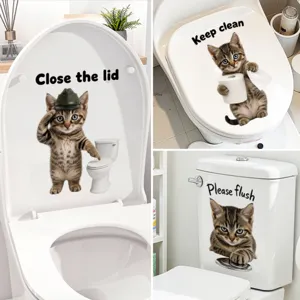 Autocollant de Couvercle de Toilette Chat de Dessin Animé Amusant PVC Imperméable Sticker Mural Décoration de Salle de Bain pour Maison