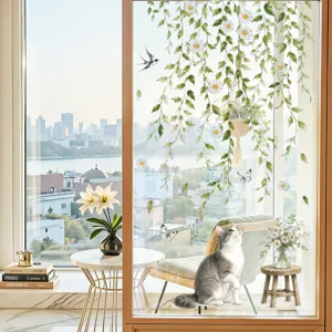 Daisy Flower Cat Vines Wall Sticker Self-Adhesive PVC Glass Window Decal For Living Room Bedroom Furniture Decoration