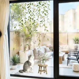 Daisy plant vine cat glass window sticker for living room bedroom background wall decor style