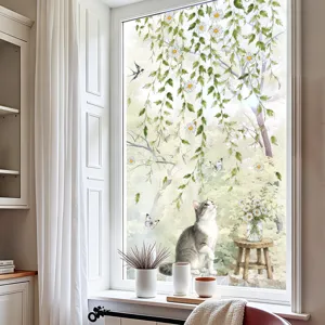 Daisy cat window sticker glass decorative film botanical vine wall decal for home bedroom decor