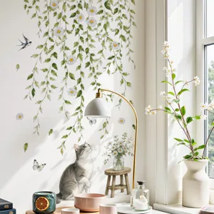 Daisy flower vine cat wall sticker for bedroom sofa living room background decoration.