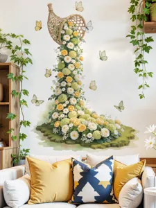 Wohnzimmer Wandsticker Szene mit Blumenkorb Design aus Rosen und wunderschönen Schmetterlingen.