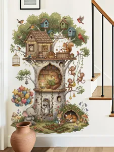 Détail d'autocollant mural cabane dans les arbres, illustrations d'animaux mignons chambre d'enfant.