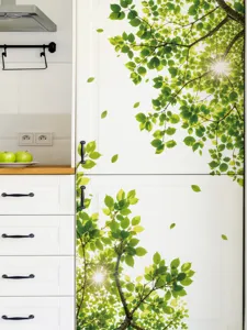 Removable green tree leaves wallpaper sticker for refrigerator door and home wall decor.