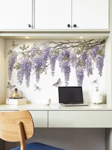 Detail view of spring wisteria wall sticker with floral branches and butterflies for desk decor.