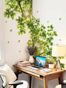 Green tree leaves wall sticker mural for home decor, removable vinyl wallpaper for room.