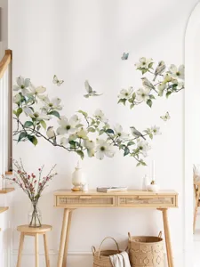 Sticker mural fleurs botaniques avec oiseaux et branches d'arbres, décor amovible.