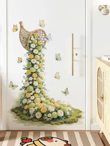 Detailansicht des Blumenwandaufklebers mit gelben und weißen Rosen aus einem geflochtenen Korb.