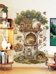 Stickers muraux cabane dans l'arbre pour chambre d'enfant, joli decor mural animaux mignons.