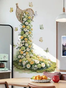 Eleganter kaskadierender Rosen Blumenkorb Wandaufkleber fuer Wohnzimmer und Schlafzimmer.