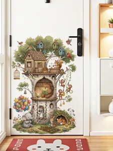 Adhesif mural cabane dans l'arbre avec animaux mignons pour chambre d'enfant et ecole decor.