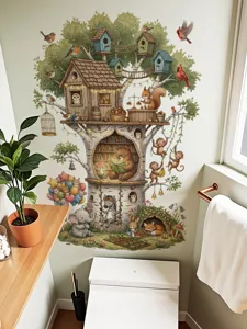 Sticker mural cabane dans l'arbre pour chambre d'enfant, joli decor de decalcomanie animaux.