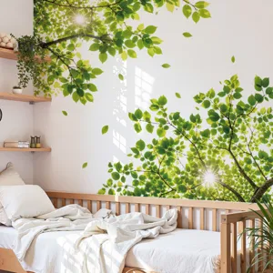 Green leaf tree branch wall sticker mural wallpaper for bedroom home decor, removable design.