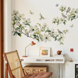 Sticker mural de fleurs botaniques avec oiseaux et branches d'arbres pour décor de salon.