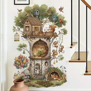 Stickers Muraux Animaux de Dessin Animé Cabane dans les Bois pour Chambre d'Enfant Jardin d'Enfants Grand PVC Imperméable Amovible Forest Life Décoration