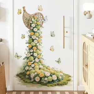 Wunderschöner Blumenkorb Wandaufkleber mit Rosen und Schmetterlingen für stilvolle Deko.
