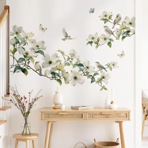 Sticker mural fleurs et oiseaux en aquarelle, beau décors de branches d'arbres pour salon maison.