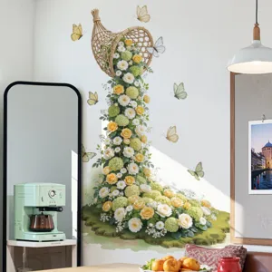 Füllhorn Wandtattoo mit kaskadierenden Rosen und Schmetterlingen für Wohnzimmer Schlafzimmer.