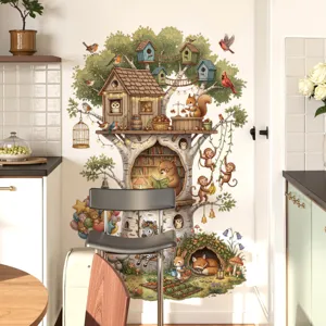 Sticker mural arbre cabane pour chambre d'enfant, joli dessin animé animal amovible.