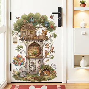 Sticker mural chambre d'enfant cabane dans l'arbre, autocollant décoratif animaux mignons