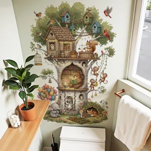 Stickers muraux chambre enfant cabane dans l'arbre autocollant animal dessin animé.