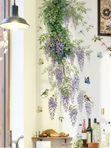Wisteria bloem en vogels muursticker, elegante bloemenmuurschildering voor woonkamer decor.
