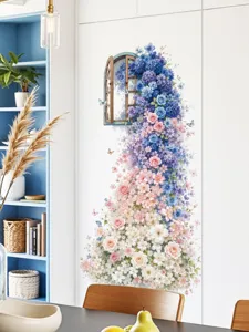 Blue rose faux window wall sticker, beautiful floral PVC self-adhesive home decor wall decal detail.