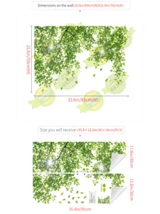 Green leaves window sticker detail showing wall size 83x55cm and received sheet dimensions.