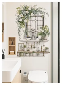 Gros plan sur l'autocollant mural botanique avec des vignes florales et un chat de bain.