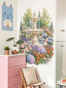 Garden fountain wall sticker mural for bedroom sofa background, removable home decor decal.