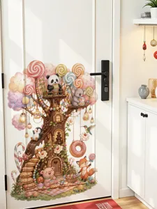 Adhésif mural mignon d'arbre de dessin animé avec animaux et bonbons colorés pour chambre d'enfant