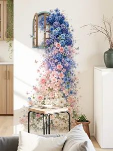 Blue Rose Fake Window Wall Sticker Floral Waterproof PVC Decal For Living Room Decor