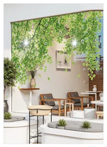 Removable green leaf glass sticker, PVC static window film for home and office decoration.