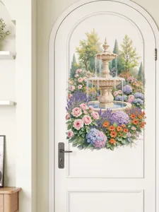 Detail view of the garden fountain wall sticker applied on a white door, home decor mural scene.