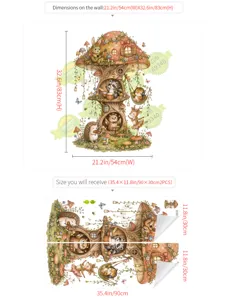 Détail d'autocollant mural arbre maison dessin animé, illustrations d'animaux, guide des tailles.