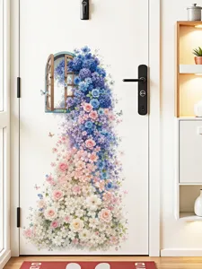 Blue rose fake window wall sticker PVC floral self-adhesive home decor for living room bedroom door