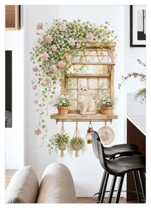 Vue détaillée de l'adhésif mural fenêtre florale avec plantes en pot et chat mignon.
