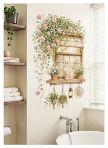 Adhésif mural décoratif avec fausse fenêtre, lianes de fleurs, plantes suspendues et joli chat.