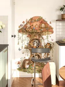 Stickers muraux arbre champignon dessin anime avec des animaux et musique detail