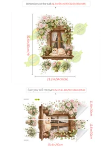 Détail de l'autocollant mural fenêtre vintage avec vigne florale et adorable chat mignon.