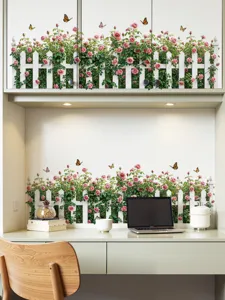 Autocollant mural rose vigne clôture blanche fleur papillon meuble décoration autocollant