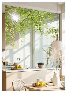 Detailed view of green leaf glass window sticker, removable PVC static cling for home decor.