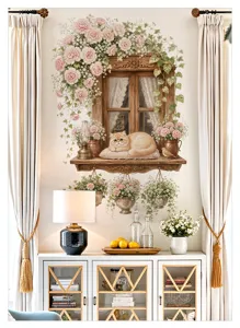 Autocollant mural décoratif avec fausse fenêtre vintage, chat mignon et vignes florales.