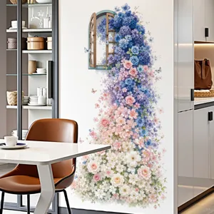 Blue Rose Faux Window Wall Sticker PVC Waterproof Self Adhesive Floral Decor For Living Room Bedroom Kitchen Wall Decal