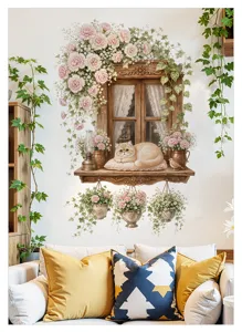 Détail de l'autocollant mural fenêtre florale romantique, idéal pour la déco du salon.