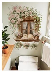 Vue détaillée de l'adhésif mural fenêtre florale avec motifs de chat et vigne dans un décor.
